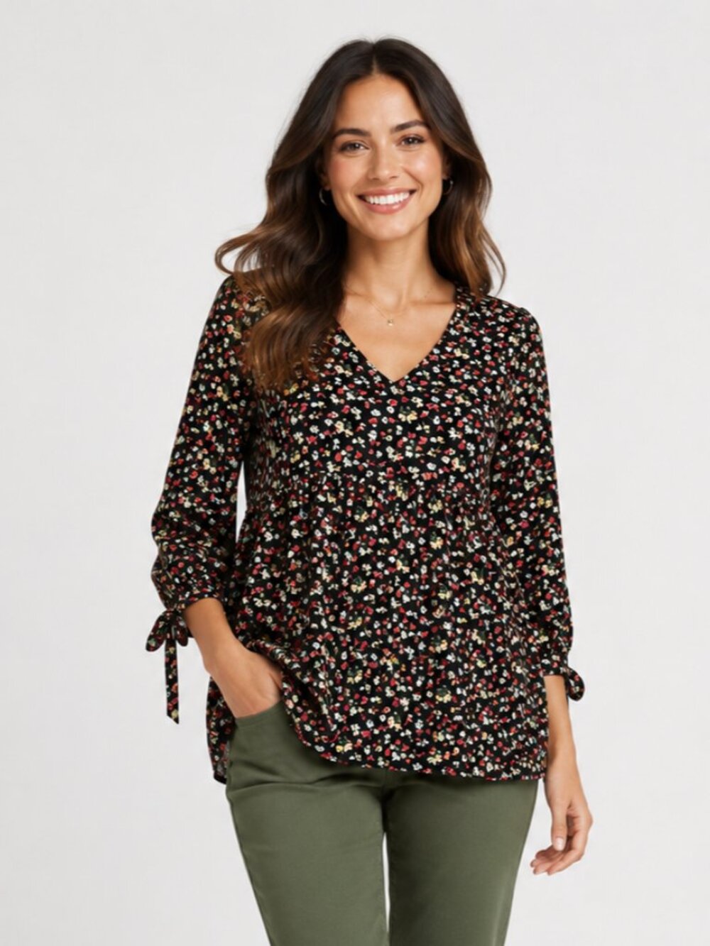 A291 • Black Ditsy Floral V-Neck Peplum Blouse